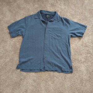 Toscano Mens 100% Silk Short Sleeve Geometric Blue Button Up Shirt XL